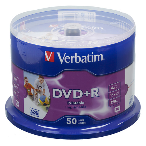

Оптический диск DVD+R VERBATIM 4.7ГБ 16x, 50шт., cake box, printable [43512], Нет
