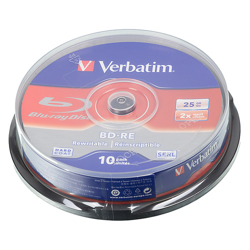 

Оптический диск BD-RE VERBATIM 25ГБ 2x, 10шт., cake box [43694], Нет