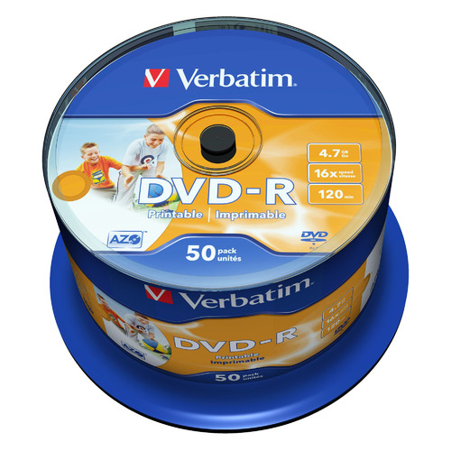 

Оптический диск DVD-R VERBATIM 4.7ГБ 16x, 50шт., cake box, printable [43533], Нет