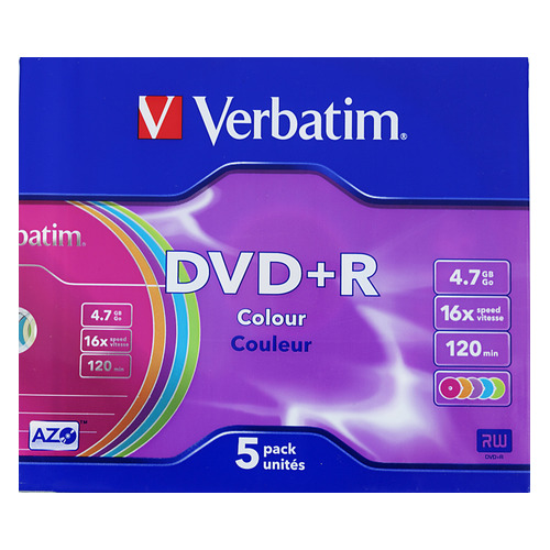 

Оптический диск DVD+R VERBATIM 4.7ГБ 16x, 5шт., slim case, разноцветные [43556], Да