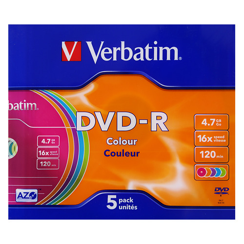 

Оптический диск DVD-R VERBATIM 4.7ГБ 16x, 5шт., slim case, разноцветные [43557], Да