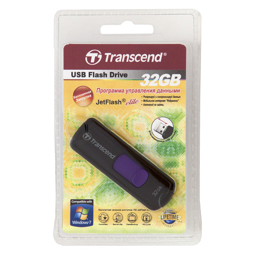 фото Флешка usb transcend jetflash jf500 32гб, usb2.0, черный и фиолетовый [ts32gjf500]