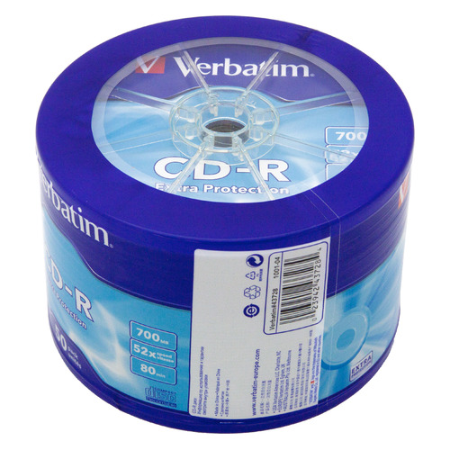 

Оптический диск CD-R VERBATIM 700МБ 52x, 50шт., cake box [43728], Нет