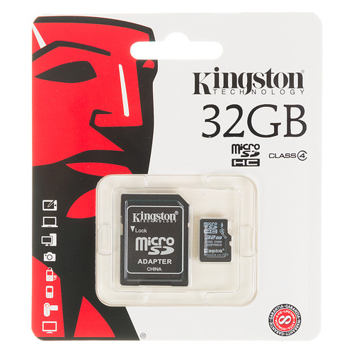 

Карта памяти microSDHC KINGSTON 32 ГБ, Class 4, SDC4/32GB, 1 шт., переходник SD