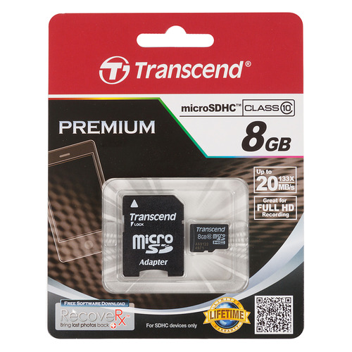 

Карта памяти microSDHC TRANSCEND 8 ГБ, Class 10, TS8GUSDHC10, 1 шт., переходник SD
