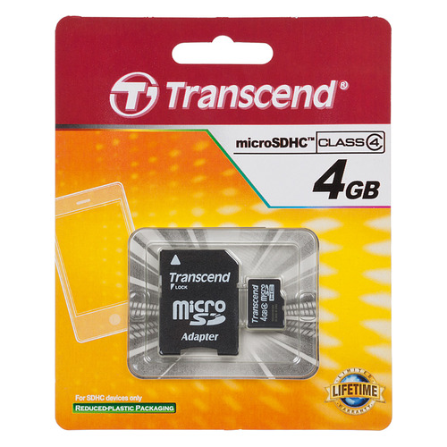 

Карта памяти microSDHC TRANSCEND 4 ГБ, Class 4, TS4GUSDHC4, 1 шт., переходник SD