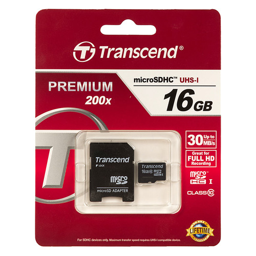 

Карта памяти microSDHC UHS-I TRANSCEND 16 ГБ, 30 МБ/с, 200X, Class 10, TS16GUSDHC10, 1 шт., переходник SD