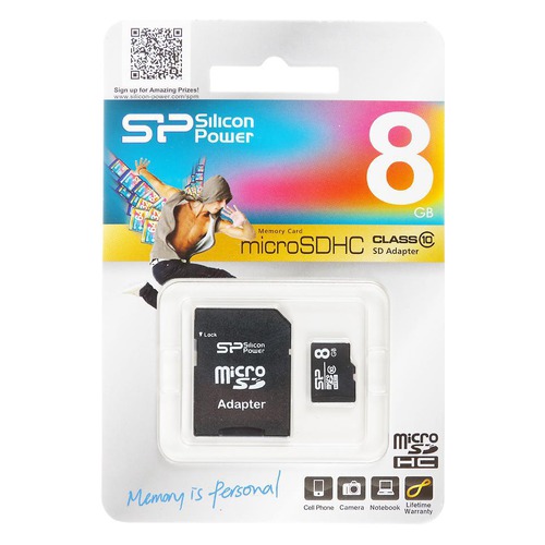 

Карта памяти microSDHC SILICON POWER 8 ГБ, Class 10, SP008GBSTH010V10SP, 1 шт., переходник SD, SP008GBSTH010V10SP