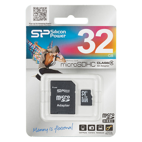 

Карта памяти microSDHC SILICON POWER 32 ГБ, Class 4, SP032GBSTH004V10-SP, 1 шт., переходник SD, SP032GBSTH004V10-SP