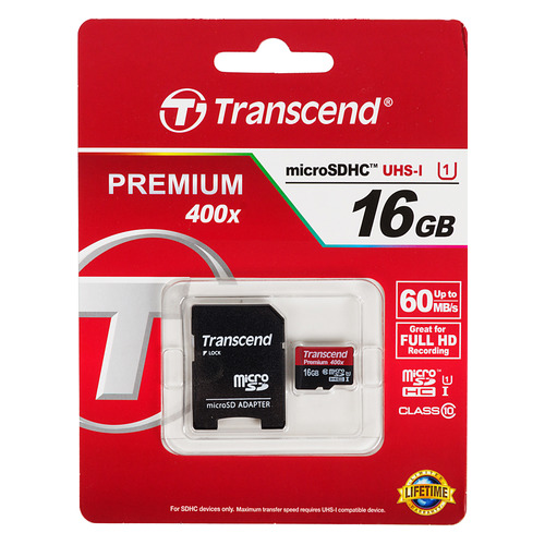 

Карта памяти microSDHC UHS-I U1 TRANSCEND 16 ГБ, 60 МБ/с, Class 10, TS16GUSDU1, 1 шт., переходник SD