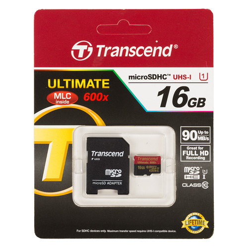 

Карта памяти microSDHC UHS-I TRANSCEND Ultimate 16 ГБ, 90 МБ/с, Class 10, TS16GUSDHC10U1, 1 шт., переходник SD
