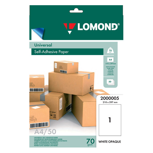 

Этикетки Lomond 2000005 A4 1шт на листе/70г/м2/50л./белый самоклей. 27 шт./кор.