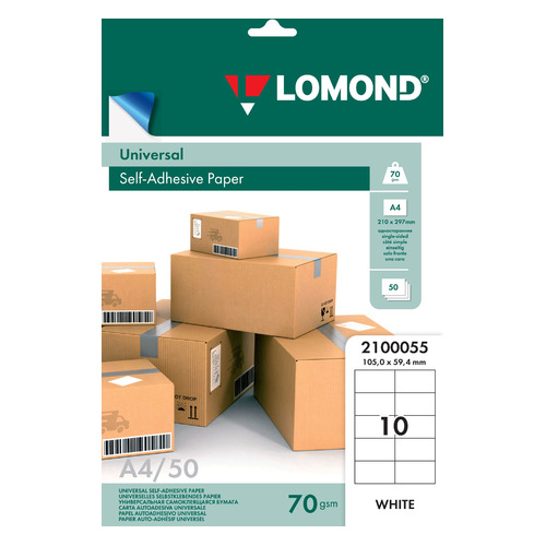 

Этикетки Lomond 2100055 105x59.4мм A4 70гр/м2 на лист.10эт. самоклеющаяся универсальная (упак.:50л) 27 шт./кор., Белый