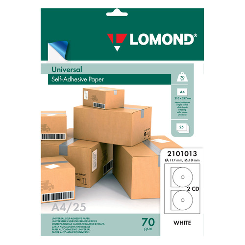 Этикетки Lomond 2101013 для CD с отверстием d=117мм 70гр/м2 на лист.2эт. самоклеющаяся универсальная 18 шт./кор.