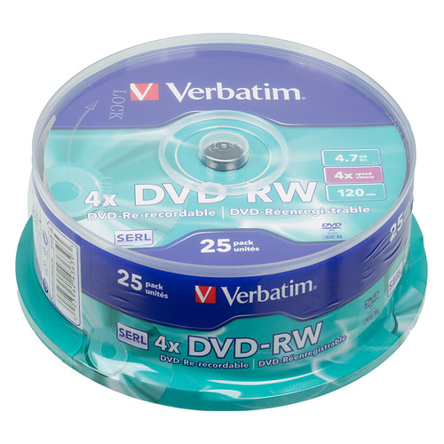 

Оптический диск DVD-RW VERBATIM 4.7ГБ 4x, 25шт., cake box [43639], Нет