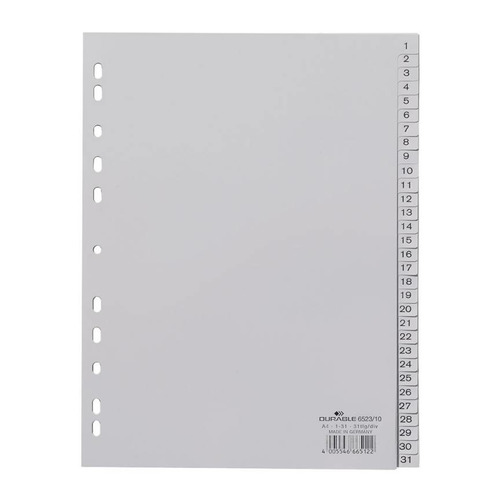 

Упаковка разделителей индексных DURABLE 6523-10, A4, пластик, 31 индексов 1-31 10 шт./кор.