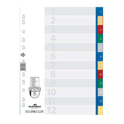 

Упаковка разделителей индексных DURABLE 6750-27, A4, пластик, 12 20 шт./кор.