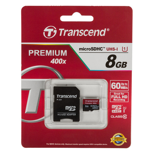 

Карта памяти microSDHC UHS-I TRANSCEND Premium 8 ГБ, 60 МБ/с, 400X, Class 10, TS8GUSDU1, 1 шт., переходник SD