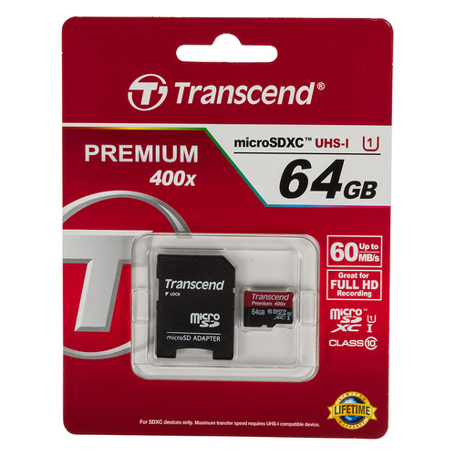 

Карта памяти microSDXC UHS-I TRANSCEND 64 ГБ, 60 МБ/с, 400X, Class 10, TS64GUSDU1, 1 шт., переходник SD